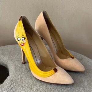 Beige Suede High Heel Pumps with Yellow Accent